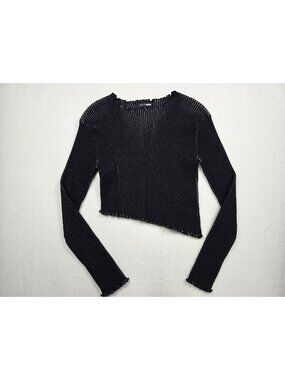 Fashion Nova Black Ribbed Asymmetrical Hem Long Sleeve Crop Top 1X Womens